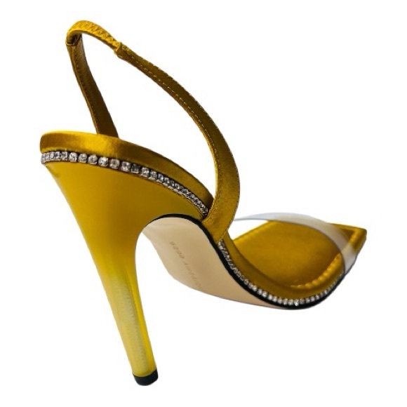 Good American Yellow Satin Lucite Slingback Square Toe Rhinestones Sandals Sz9 - Picture 3 of 16